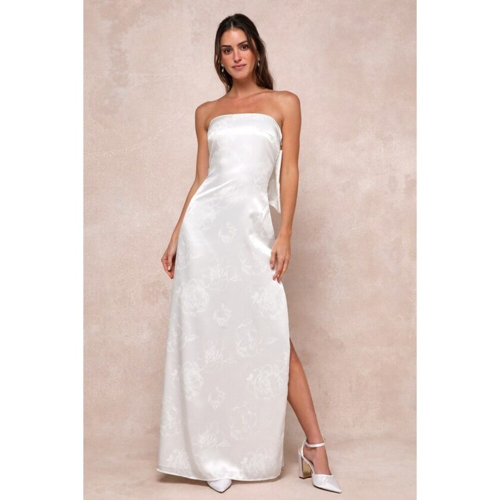 Lulus Avid Elegance Ivory Satin Jacquard Strapless Bow Maxi Dress White - Size S